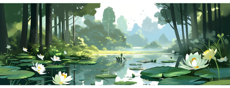 绿色深林中池塘里的荷叶荷花插画背景,插画/手绘图,插画/手绘图库,插画/手绘图下载,插画/手绘